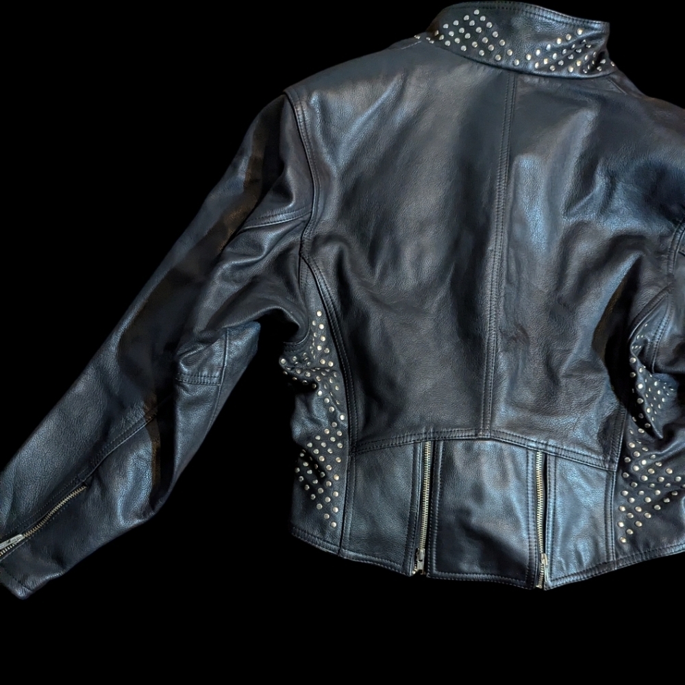 Vtg Harley Davidson Black Leather Jacket Studded Detailing Zippers Moto Sz L - Picture 7 of 14